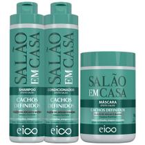 Eico Salão em Casa Cachos Definidos Kit Sh 800ml + Cond 750ml + Máscara 1Kg