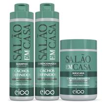 Eico Salão Em Casa Cachos Definidos Shampoo 800ml e Condicionador Leave-in 750ml + Máscara 1kg