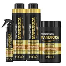 Eico Tratamento Mandioca Shampoo Sem Sal e Condicionador 800ml + Máscara Creme Hidratação 1kg + Spray Leave-in Finalizador Protetor Térmico 120ml
