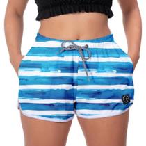 Elastano Short Praia Feminino Listras Azuis Conforto Academia Piscina - w2store