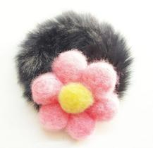 Elástico Cabelo Pelúcia Preta e Flor Rosa