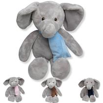 elefante de pelucia cinza com cachecol azul fofo ideal pra presente de criança