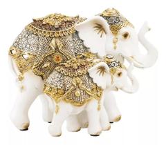 Elefante Mãe Filhote Branco Ornamentado 18cm - Resina Animais