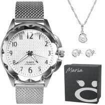 Elegância Feminina: Relógio Prata Prova Dagua + Kit Pérolas Moda + Caixa Exclusiva - Presente Mulher