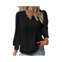 Elegante Preto Chiffon Com Decote Em V Manga Longa Renda Costura Pulôver Camisa Para Mulheres Outono