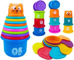 Ella Dream 17 PCs Multicolor Nesting and Stacking Cups Set, Brinquedos de Banheira de Bebê, Brinquedos Educacionais de Aprendizagem Precoce para Bebês, Crianças, Copas de Empilhamento com Os Números, Formas, Frutas, Animais Patten