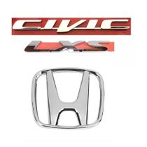 Emblemas Civic Lxs Logo Honda Cromado Porta Mala Traseira 2012 2013 2014 2015 2016 (Kit 3 Peças)
