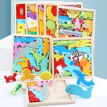 Encaixe Divertido Quebra Cabeça 3D MDF Brinquedo Educativo Animais Numero Montessori Colorido Formas
