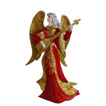 Enfeite Anjo com Bandolim 34,5cm Decoração Natalina de Metal Folha de Ouro / Resina