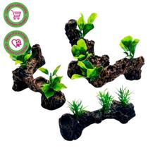 Enfeite aquario tronco c plantas m resina