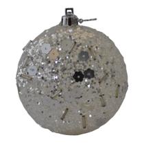 Enfeite Bola circular decorada achatada Prata Ref:HZ36-11092015W/8 unid.