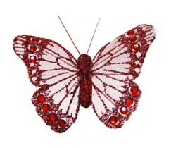 Enfeite Borboleta kit com 06 pçs de 10cm Glitter Vermelha com Presilha para fixar na Decoração