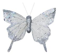 Enfeite Borboleta kit com 06 pçs de 8cm Prata c/Glitter com Presilha para fixar na Decoração