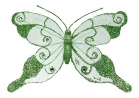 Enfeite Borboleta kit com 6 pçs de 18,5cm Verde c/Glitter com Presilha para fixar na Decoração