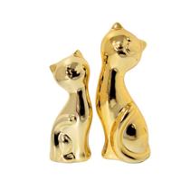 Enfeite Casal Gato Decorativo Porcelana Dourado Gold 14cm - Lívon