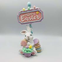 Enfeite Coelho em Resina com glitter placa Happy Easter Páscoa colorido 26cm