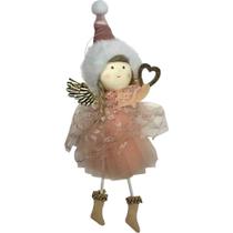 Enfeite de Árvore de Anjo Boneca Branca com Detalhes Rosa Claro com Gorro- Festive