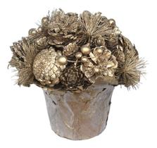 Enfeite De Mesa De Natal - 18cm Vaso Ouro Com Pinhas