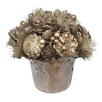 Enfeite de Mesa Vaso de Natal Ouro 18cm feita com pinhos naturais e folhas