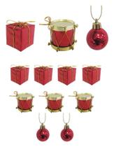 Enfeite de natal misto caixa de presente/ tambor e bola com 12 peças prata ou dourado - RIO MASTER