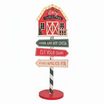 Enfeite de Natal Placa Decorativa Celeiro Vermelho LED Iluminada Branco Verde Listrado 64cm