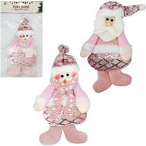 Enfeite de pendurar papai noel / boneco neve com lantejoula rosa 22x13cm