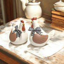 Enfeite Decorativo Casal Galinha c Laco Ceramica Bege e Café - Decore Casa