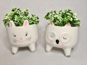 Enfeite Decorativo Kit 2 Vasos Gata Cerâmica Branca/Rosa/Preta 8x7cm com Planta