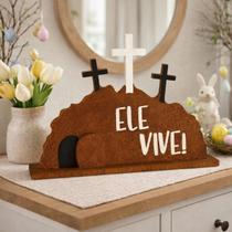 Enfeite Ele Vive em MDF, Calvário Decorativo com Base, Preto, 20x16 cm, Centro de Mesa para Páscoa, Decoração Cristã Uni