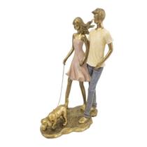 Enfeite Estatua Casal Com Pet 26x19x11cm Dourado Cachorro - Inigual