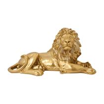 Enfeite Estatueta Decorativa Leão Dourado Deitado 20 cm - Decoração Sala Resina Luxo
