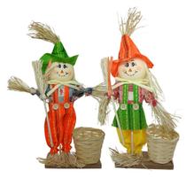 Enfeite Junino Casal Espantalho Em Pé Com Vassoura Cesto 40cm