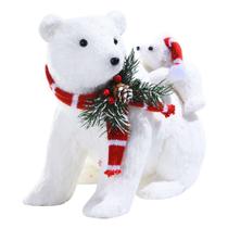 Enfeite Mamãe e filhote Urso com Cachecol Branco e Vermelho