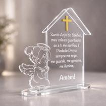 Enfeite Maternidade Oração Santo Anjo para Bebê em acrílico transparente lembrancinha batizado Enfeite Maternidade Oração Santo Anjo para Bebê em acrílico transparente lembrancinha batizado