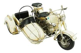 Enfeite Moto Motocicleta Antiga Branca Sidecar Retrô 35cm