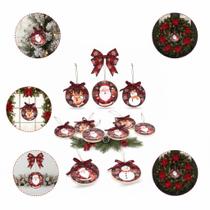 Enfeite Natal Kit Com 3 Placas Redondas Madeira 12cm Decoração Natalina Pendurar Porta Árvore De Natal Com Laço Xadrez