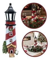 Enfeite Natal Natalino Poste Farol Listrado Cerâmica C/ Led Vermelho Poste Farol Listrado