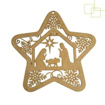 Enfeite Natalino Estrela Retratando Nascimento Cristo Presépio em MDF 26 cm