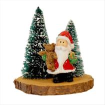Enfeite Papai Noel poliresina pinheiro base madeira urso 8cm