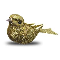 Enfeite Passarinhos kit com 36pçs de 8cm Glitter - Ouro com Presilha para fixar na Decoração