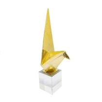 Enfeite Passaro Origami Resina Dourada Base Cristal Luxo