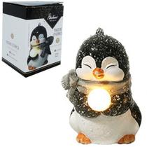Enfeite Pinguim De Ceramica Com Bola De Neve + Led A Bateria