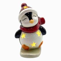 Enfeite Pinguim Esquiando Ceramica LED 10cm Natal