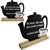 Enfeite placa bule de madeira frases cafe base de madeira 20x18cm