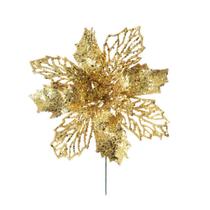 Enfeite Poinsettia com Glitter Dourado para Decoração de Natal Para Arvores