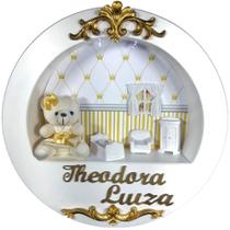 Enfeite Porta Maternidade Cenário Nicho Led + nome - BRANCO CREME DOURADO URSINHO