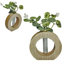 Enfeite redondo de madeira mdf com vaso de vidro para flor 12,5x13cm