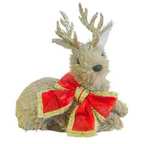 Enfeite Rena Baby Deitada Natalina 21cm Pele Bege e Dourada.