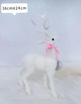 Enfeite rena branco natalina deitado e pé isopor detalhe rosa decoração de natal
