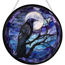 Enfeite suspenso 365CUSGIFTS Moon Crow Stained Glass 34cm